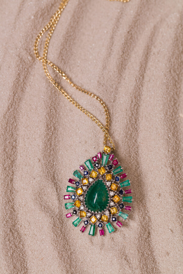 CABUCHON EMERALD PENDANT MIXED W/ DIAMONDS, RUBIES & SAPPHIRES